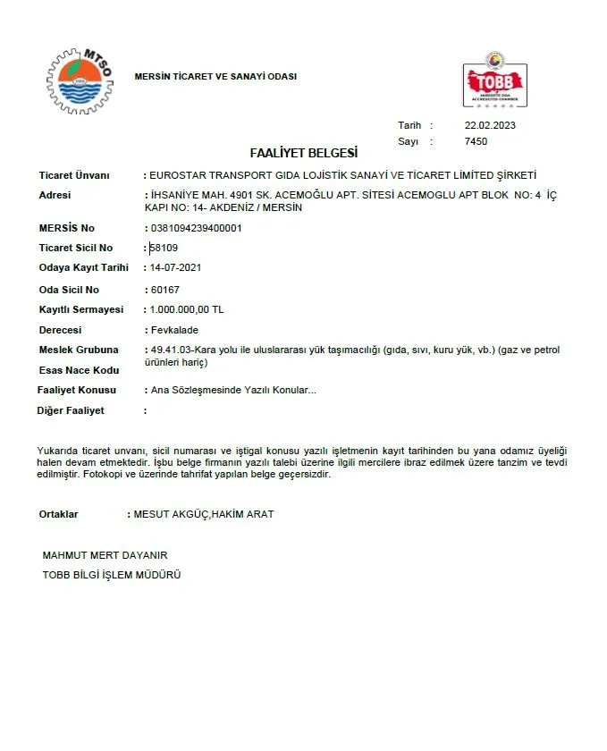 FAALİYET BELGESİ